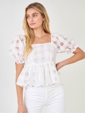 English Factory Women's White Gingham Puff Sleeve‎ Peplum Top Size M NWT